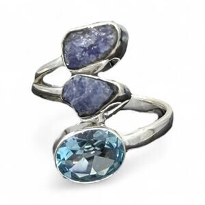 Natural Raw Tanzanite Blue Topaz Ring 925 Sterling Silver Size 8